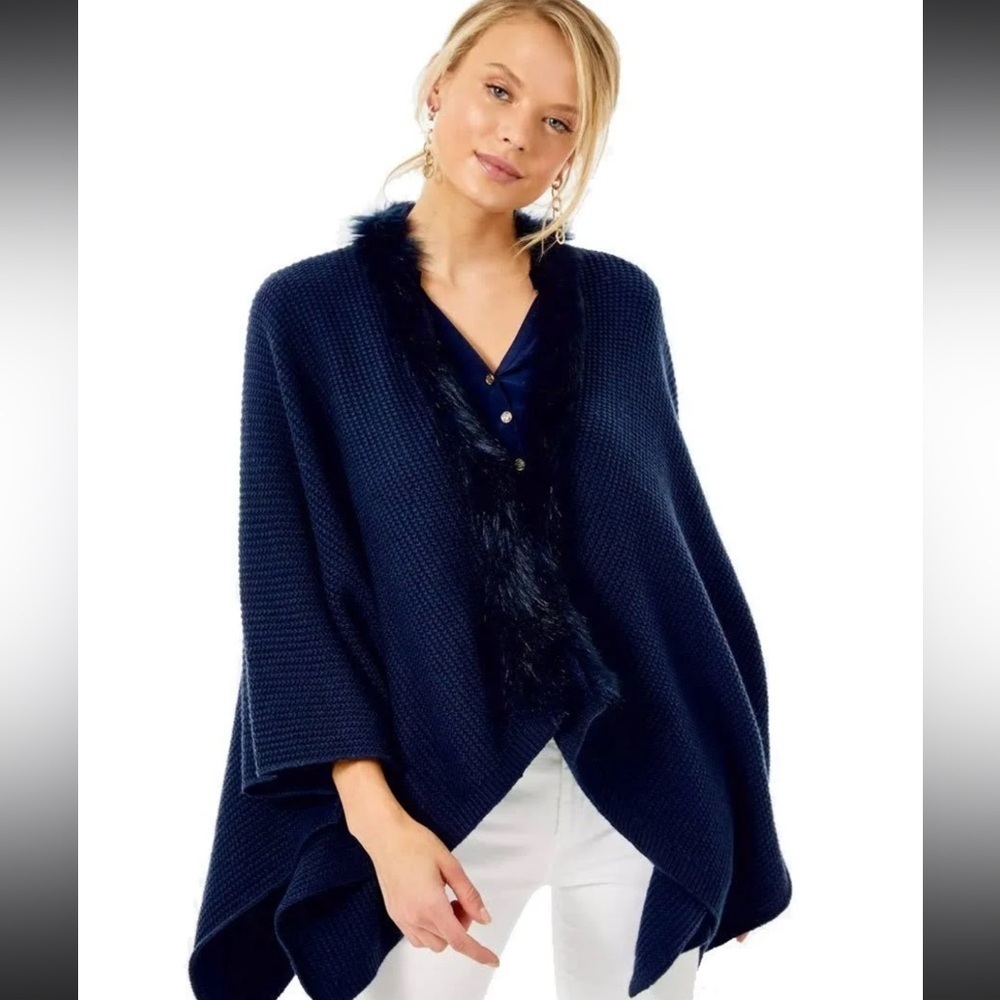 Lilly Pulitzer Rainie navy sweater wrap retails for $278 usd